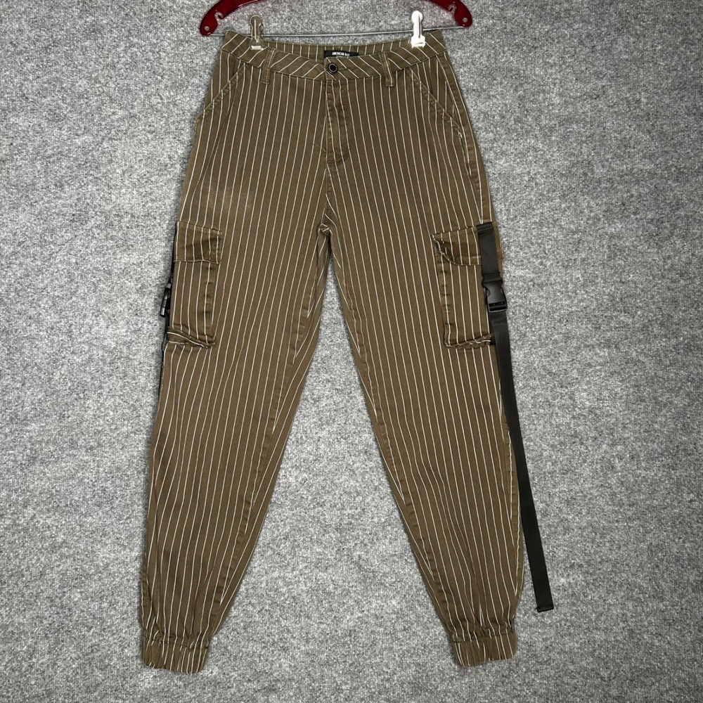 American Bazi Women Pinstripe Cargo Jogger Pants Olive Brown Buckle Strap S